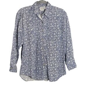 Terra Button Down Shirt Womens Medium Blue Floral Cotton Long Sleeve Country